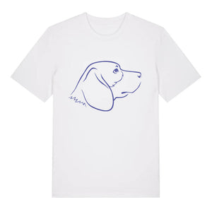 Blue outline illustration of the head of a Beagle on the front of a white unisex t-shirt