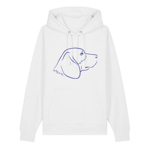Blue outline illustration of the head of a Beagle on the front of a white unisex Hoodie