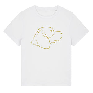 Gold outline illustration of the head of a Beagle dog on the front of a white ladies t-shirt