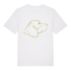 Gold outline illustration of the head of a Beagle on the front of a white unisex t-shirt