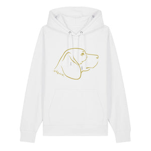 Gold outline illustration of the head of a Beagle on the front of a white unisex Hoodie
