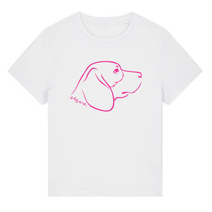 Magenta outline illustration of the head of a Beagle dog on the front of a white ladies t-shirt