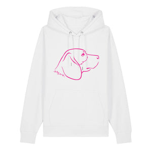 Magenta outline illustration of the head of a Beagle on the front of a white unisex Hoodie