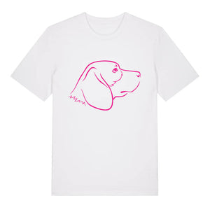 Magenta outline illustration of the head of a Beagle on the front of a white unisex t-shirt