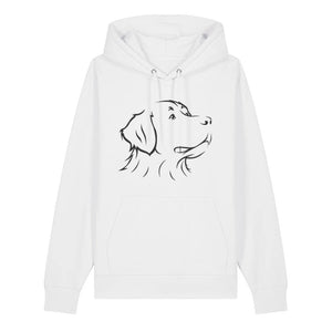 Black outline illustration of the head of a Bernese Mountain Dog on the front of a white unisex Hoodie