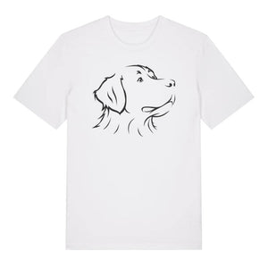 Black outline illustration of the head of a Bernese Mountain Dog on the front of a white unisex t-shirt