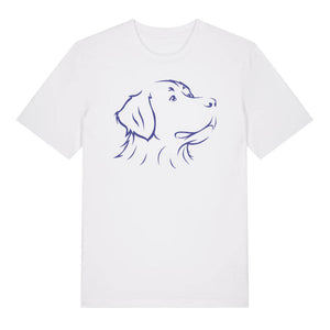 Blue outline illustration of the head of a Bernese Mountain Dog on the front of a white unisex t-shirt