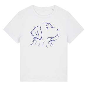 Blue outline illustration of the head of a Bernese Mountain Dog on the front of a white ladies t-shirt