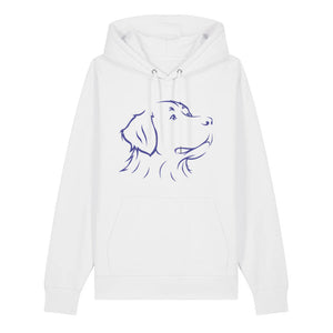 Blue outline illustration of the head of a Bernese Mountain Dog on the front of a white unisex Hoodie