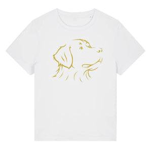 Gold outline illustration of the head of a Bernese Mountain Dog on the front of a white ladies t-shirt