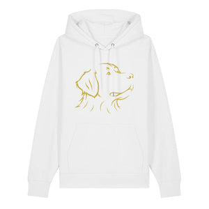 Gold outline illustration of the head of a Bernese Mountain Dog on the front of a white unisex Hoodie