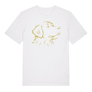 Gold outline illustration of the head of a Bernese Mountain Dog on the front of a white unisex t-shirt