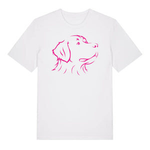 Magenta outline illustration of the head of a Bernese Mountain Dog on the front of a white unisex t-shirt