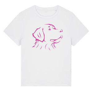 Magenta outline illustration of the head of a Bernese Mountain Dog on the front of a white ladies t-shirt