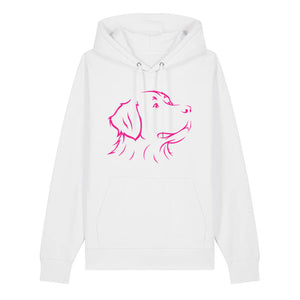 Magenta outline illustration of the head of a Bernese Mountain Dog on the front of a white unisex Hoodie