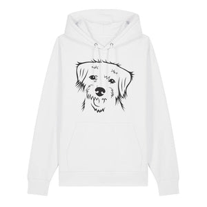Black outline illustration of the head of a Border Terrier on the front of a white unisex Hoodie