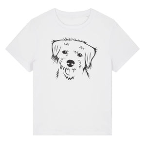 Black outline illustration of the head of a Border Terrier on the front of a white ladies t-shirt