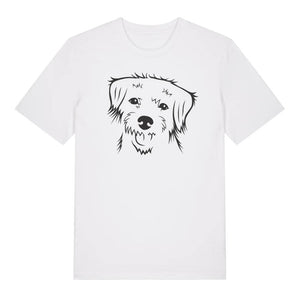 Black outline illustration of the head of a Border Terrier on the front of a white unisex t-shirt