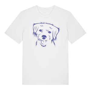 Blue outline illustration of the head of a Border Terrier on the front of a white unisex t-shirt