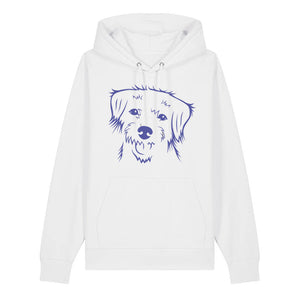 Blue outline illustration of the head of a Border Terrier on the front of a white unisex Hoodie