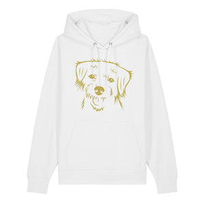 Gold outline illustration of the head of a Border Terrier on the front of a white unisex Hoodie