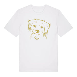 Gold outline illustration of the head of a Border Terrier on the front of a white unisex t-shirt