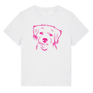 Magenta outline illustration of the head of a Border Terrier on the front of a white ladies t-shirt