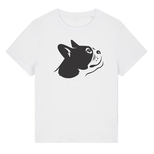 Black outline illustration of the head of a Boston Terrier on the front of a white ladies t-shirt