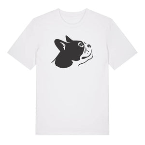 Black outline illustration of the head of a Boston Terrier on the front of a white unisex t-shirt