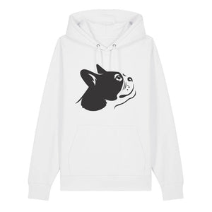 Black outline illustration of the head of a Boston Terrier on the front of a white unisex Hoodie