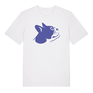 Blue outline illustration of the head of a Boston Terrier on the front of a white unisex t-shirt