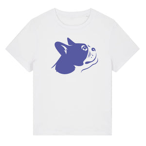 Blue outline illustration of the head of a Boston Terrier on the front of a white ladies t-shirt