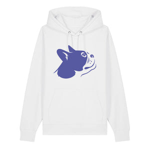 Blue outline illustration of the head of a Boston Terrier on the front of a white unisex Hoodie