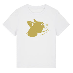 Gold outline illustration of the head of a Boston Terrier on the front of a white ladies t-shirt
