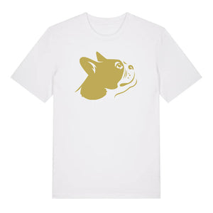Gold outline illustration of the head of a Boston Terrier on the front of a white unisex t-shirt