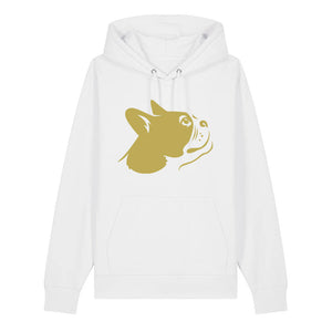 Gold outline illustration of the head of a Boston Terrier on the front of a white unisex Hoodie