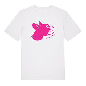 Magenta outline illustration of the head of a Boston Terrier on the front of a white unisex t-shirt