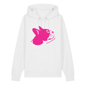 Magenta outline illustration of the head of a Boston Terrier on the front of a white unisex Hoodie
