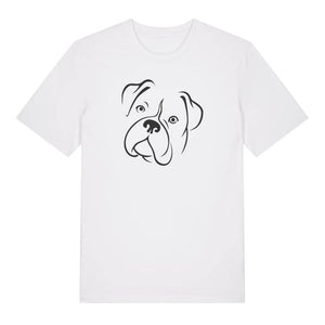Black outline illustration of the head of a Boxer on the front of a white unisex t-shirt