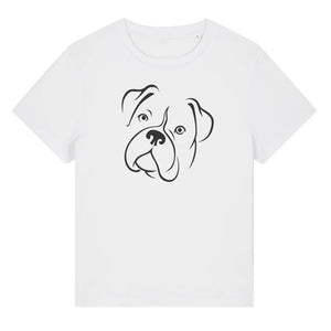Black outline illustration of the head of a Boxer dog on the front of a white ladies t-shirt