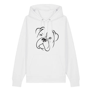 Black outline illustration of the head of a Boxer on the front of a white unisex Hoodie