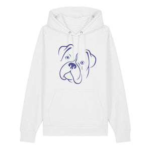 Blue outline illustration of the head of a Boxer on the front of a cotton pink unisex Hoodie