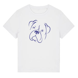 Blue outline illustration of the head of a Boxer dog on the front of a white ladies t-shirt