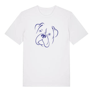 Blue outline illustration of the head of a Boxer on the front of a white unisex t-shirt