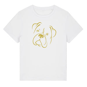 Gold outline illustration of the head of a Boxer dog on the front of a white ladies t-shirt