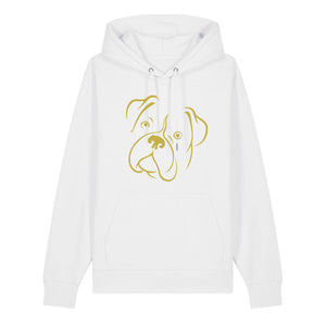 Gold outline illustration of the head of a Boxer on the front of a cotton pink unisex Hoodie