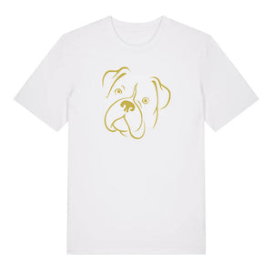 Gold outline illustration of the head of a Boxer on the front of a white unisex t-shirt