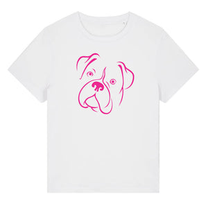 Magenta outline illustration of the head of a Boxer dog on the front of a white ladies t-shirt