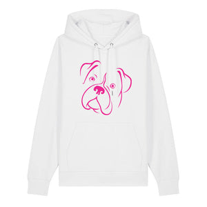 Magenta outline illustration of the head of a Boxer on the front of a cotton pink unisex Hoodie