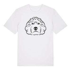 Black outline illustration of the head of a Cockapoo on the front of a white unisex t-shirt